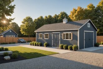 Abris de jardin en bois et composite dans un espace extérieur décoré