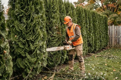 Professionnel en train d'abattre une haie de thuyas avec une tronçonneuse dans un jardin résidentiel