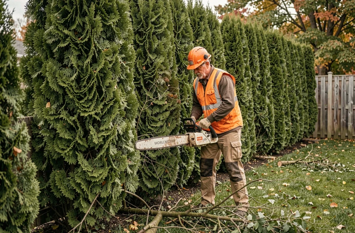 Professionnel en train d'abattre une haie de thuyas avec une tronçonneuse dans un jardin résidentiel