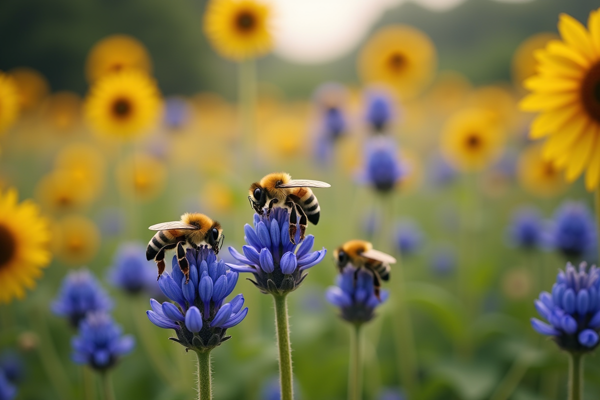 Abeilles collectant pollen sur bourrache et tournesols