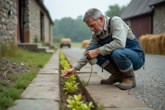 Agriculteur examinant des mauvaises herbes sur une allée en béton fissuré dans une ferme rurale, tenant un pulvérisateur, comparaison entre méthodes de désherbage