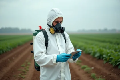 Agriculteur portant des équipements de protection individuelle complets pour manipuler un désherbant chimique dans un champ de cultures