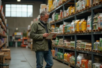 Agriculteur examinant attentivement l'étiquette d'un produit dans un magasin agricole avant de valider son achat