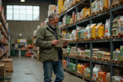 Agriculteur examinant attentivement l'étiquette d'un produit dans un magasin agricole avant de valider son achat