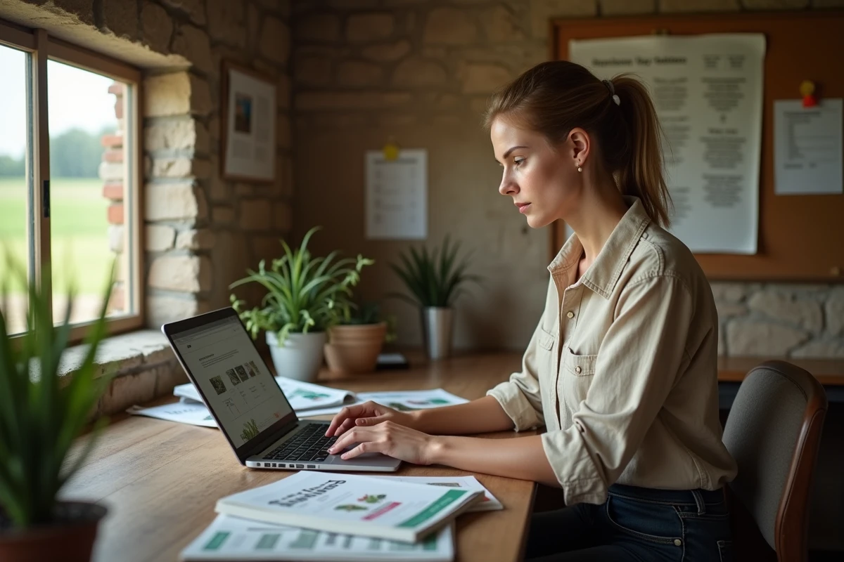 Femme agricultrice consultant un site de vente agricole en ligne depuis son bureau de ferme avec une liste de vérification