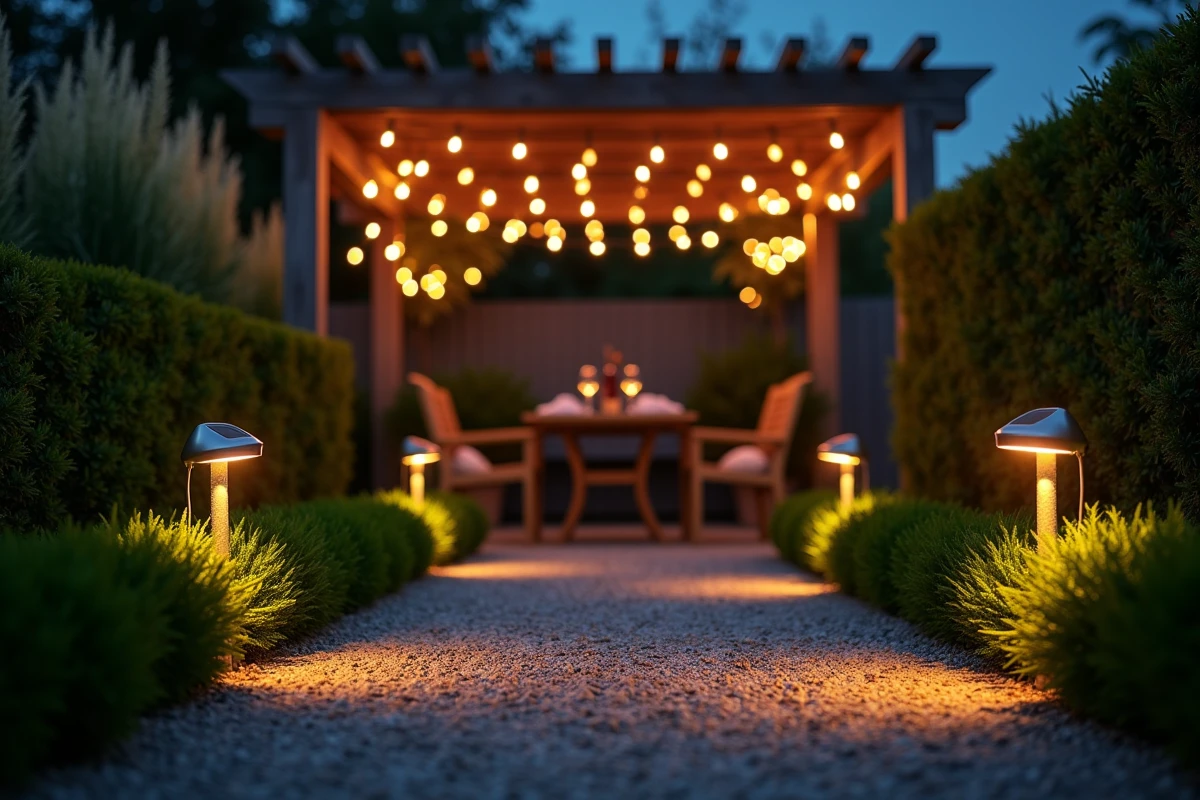 Allée de jardin éclairée par des spots solaires LED avec pergola et table de jardin dans une ambiance chaleureuse de soirée