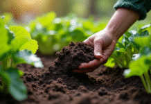 Main de jardinier appliquant compost sur plantes saines
