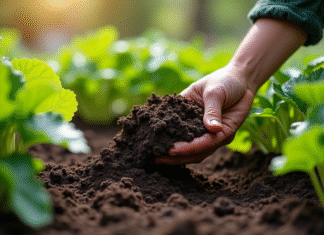 Compost vs engrais : avantages pour jardin, 85 conseils pratiques Main de jardinier appliquant compost sur plantes saines