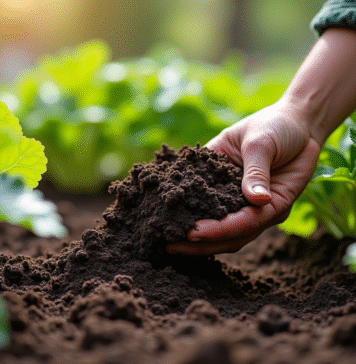 Main de jardinier appliquant compost sur plantes saines