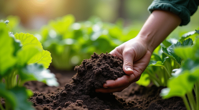 Main de jardinier appliquant compost sur plantes saines
