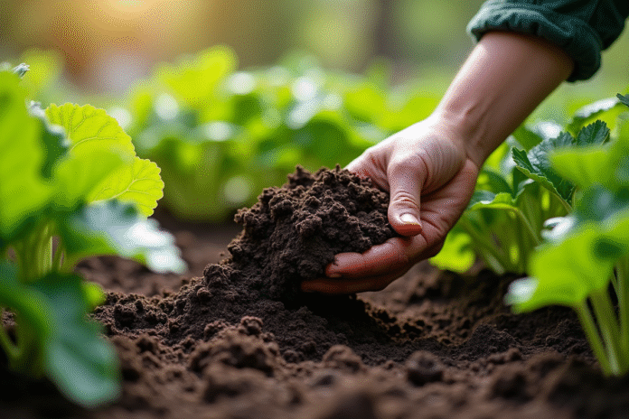amendement-jardin-vegetaux Main de jardinier appliquant compost sur plantes saines