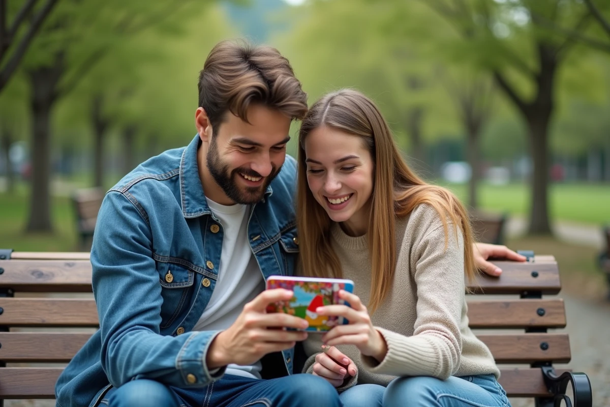 Deux amis jouant ensemble à un jeu de nain de jardin sur smartphone dans un parc urbain