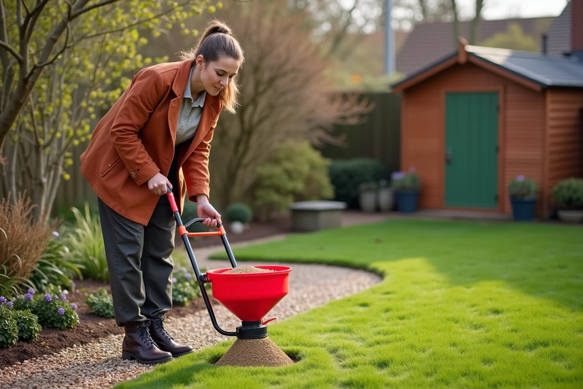 Femme appliquant un désherbant anti-mousse en granulés sur une pelouse au printemps avec un épandeur