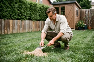 Homme appliquant un engrais granulaire JARDINIC sur une pelouse dense et uniforme dans un jardin suburban