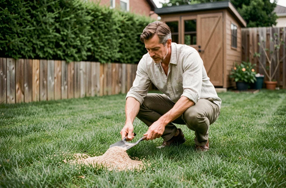 Homme appliquant un engrais granulaire JARDINIC sur une pelouse dense et uniforme dans un jardin suburban
