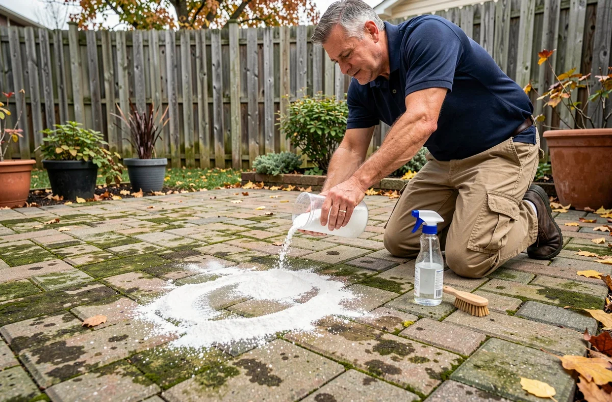 Homme appliquant de la poudre nettoyante sur des pavés autobloquants tachés dans un patio extérieur