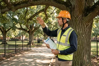 Arboriste professionnel inspectant un arbre classé dans un parc urbain avec documents officiels en main