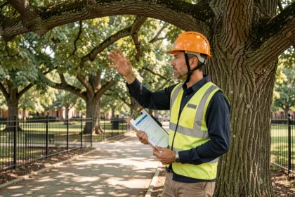 Arboriste professionnel inspectant un arbre classé dans un parc urbain avec documents officiels en main