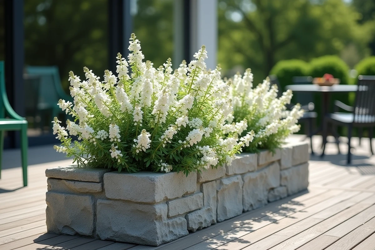 Arbuste fleuri blanc en bac de pierre sur une terrasse en bois avec mobilier de jardin
