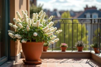 Arbuste à fleurs blanches en pot sur un balcon urbain au printemps avec rampe en fer forgé