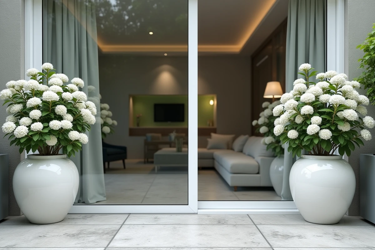 Deux arbustes à fleurs blanches en pots symétriques encadrant une porte vitrée de terrasse moderne