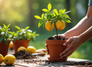 Main retirant un limonier d'un pot en terre cuite avec feuilles vertes