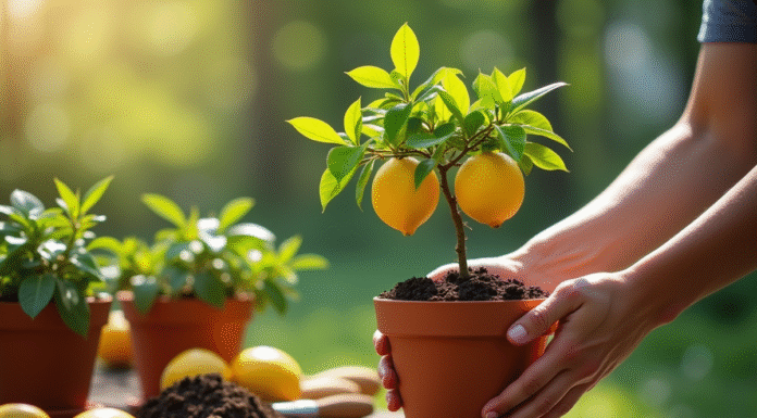 Main retirant un limonier d'un pot en terre cuite avec feuilles vertes