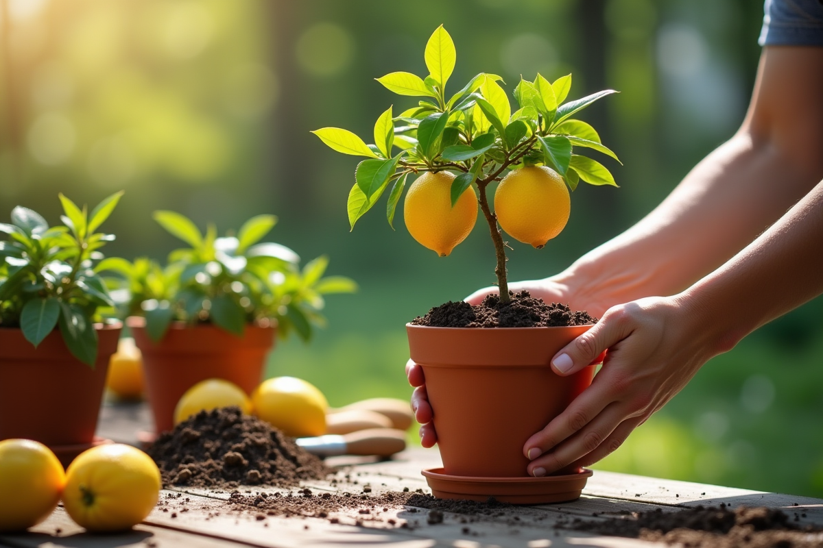 Main retirant un limonier d'un pot en terre cuite avec feuilles vertes