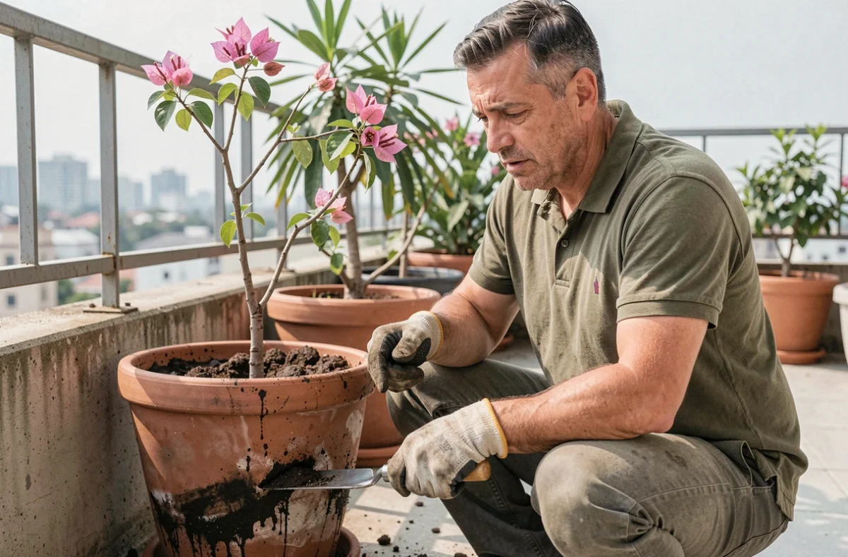 Homme identifiant un excès d'arrosage sur un bougainvillier en pot sur un balcon urbain