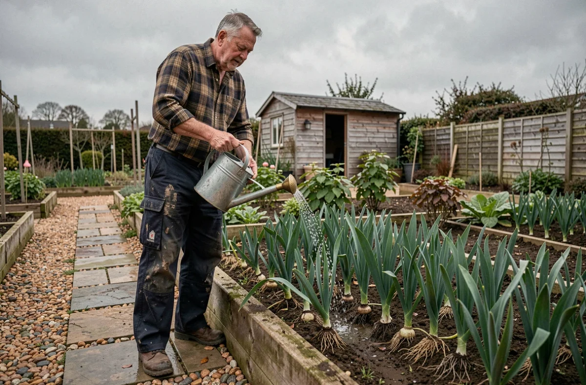 Homme arrosant des jeunes plants de poireaux avec un arrosoir en métal dans un jardin potager