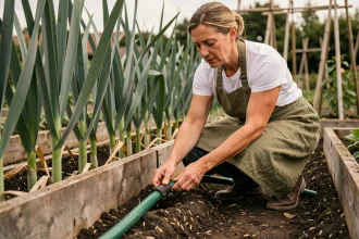 Femme en tablier ajustant un tuyau d'arrosage au pied des poireaux dans un potager maison