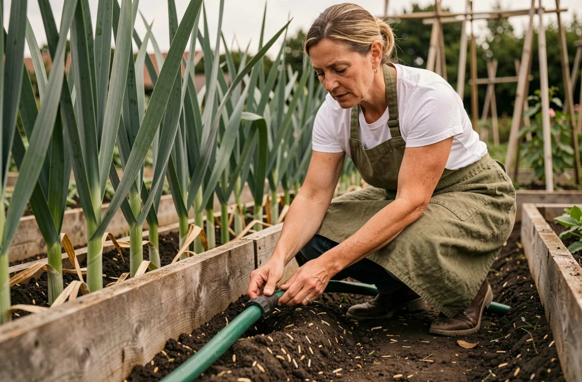 Femme en tablier ajustant un tuyau d'arrosage au pied des poireaux dans un potager maison