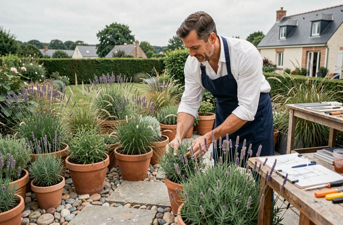 Jardinier paysagiste de L'Atelier au Jardin aménageant une terrasse dans le Nord