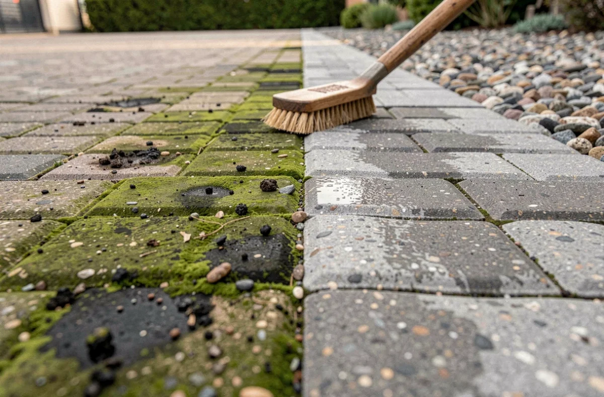 Gros plan sur pavés autobloquants à moitié nettoyés montrant la différence entre surface encrassée et propre