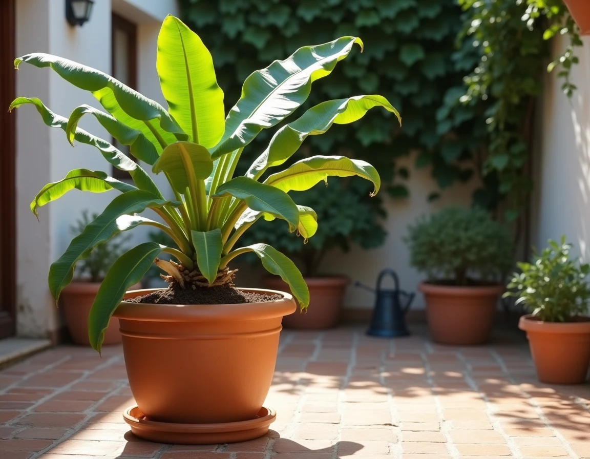 Bananier en pot sur une terrasse en pierre avec jardinière en terre cuite et arrosoir