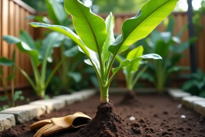 Bananier planté en pleine terre dans un jardin résidentiel avec gants de jardinage posés sur le sol