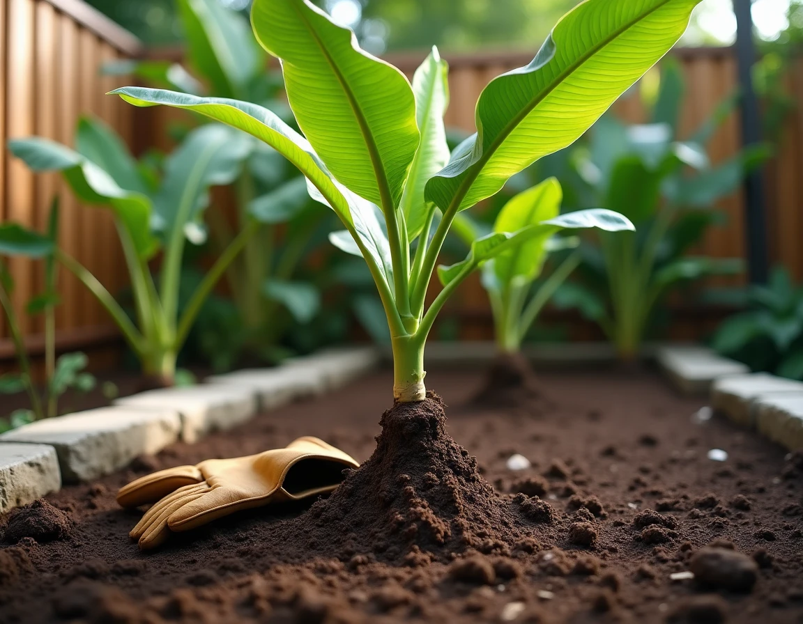 Bananier planté en pleine terre dans un jardin résidentiel avec gants de jardinage posés sur le sol