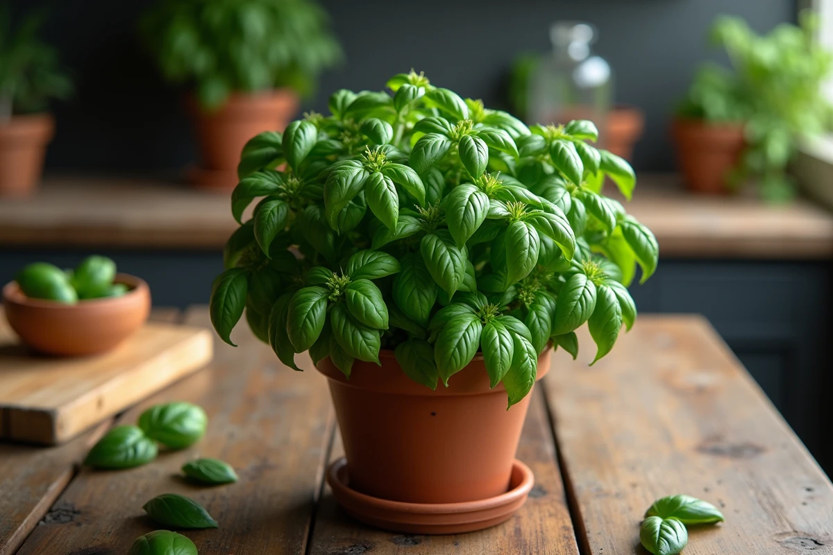 Plant de basilic touffu en pot de terracotta sur une table en bois, montrant les nombreux rameaux latéraux issus de tailles régulières au-dessus des nœuds foliaires
