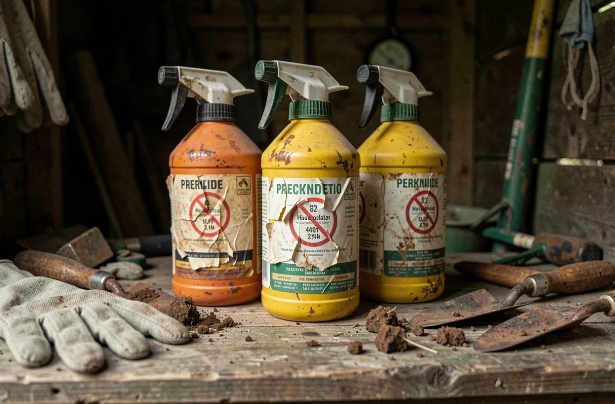 Anciens bidons de débroussaillants et pesticides interdits posés sur un établi de jardin