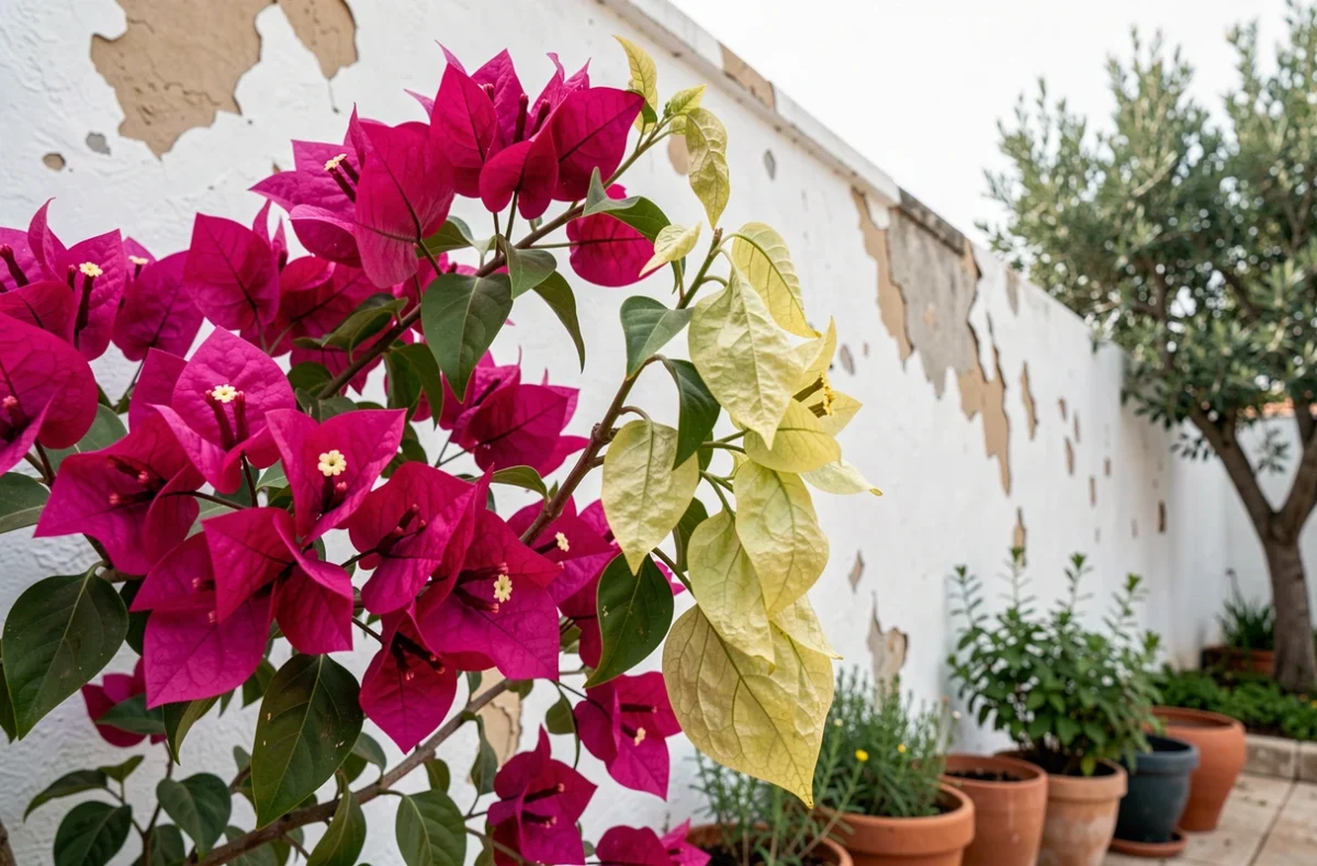 Contraste entre branches de bougainvillier en pleine floraison et rameaux jaunis par un mauvais entretien