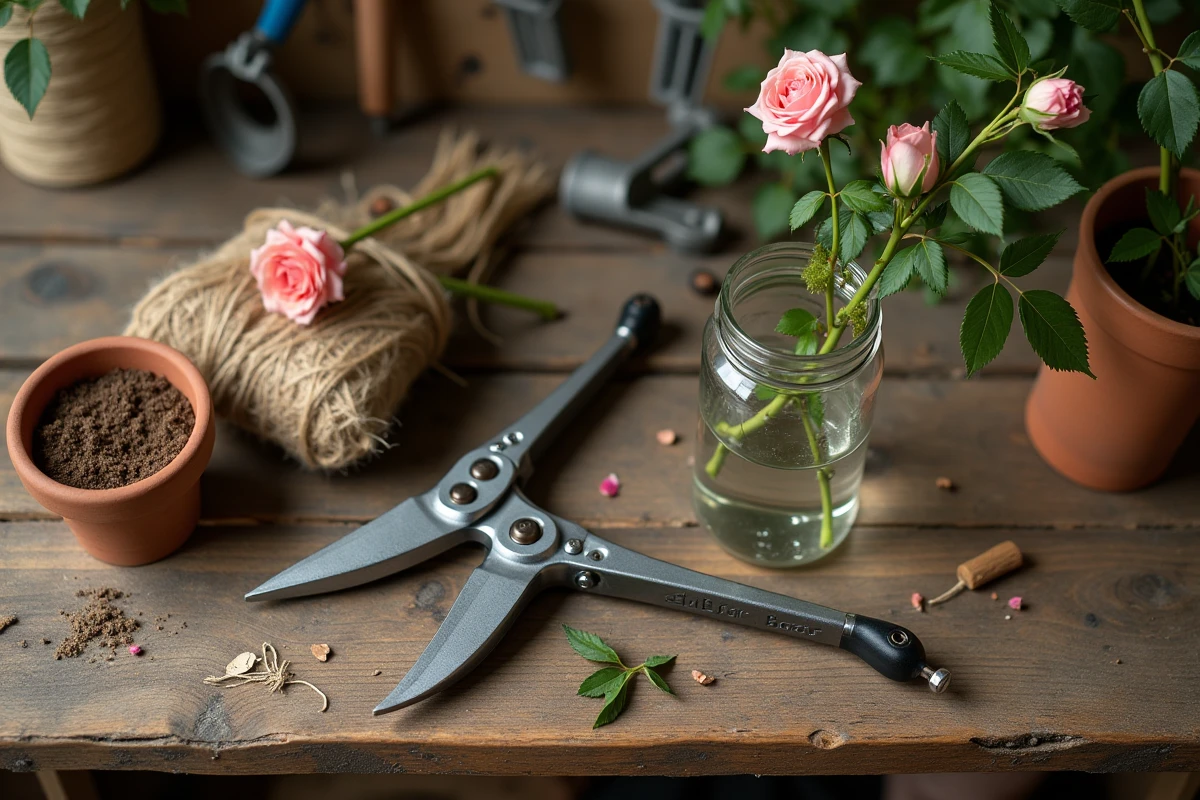 Sécateur et boutures de rosier sur un établi de jardin, technique de bouturage des branches coupées dans un bocal d'eau
