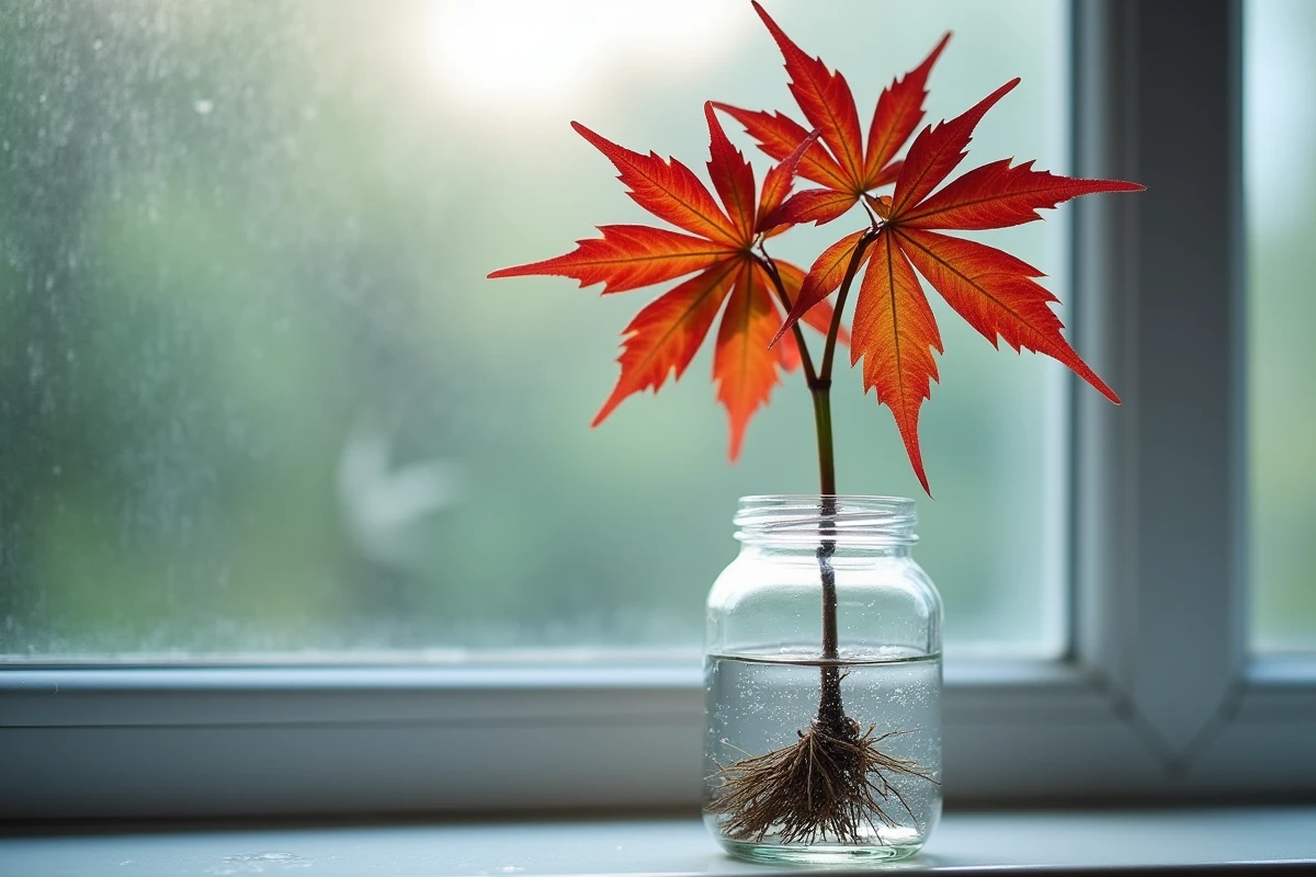 Bouture d'érable du Japon dans un bocal en verre avec eau sans racines visibles sur rebord de fenêtre