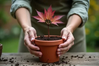 Mains tenant une bouture d'érable du Japon aux feuilles rougeâtres au-dessus d'un pot en terre cuite avec substrat de bouturage