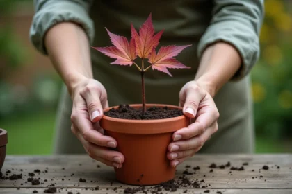 Mains tenant une bouture d'érable du Japon aux feuilles rougeâtres au-dessus d'un pot en terre cuite avec substrat de bouturage