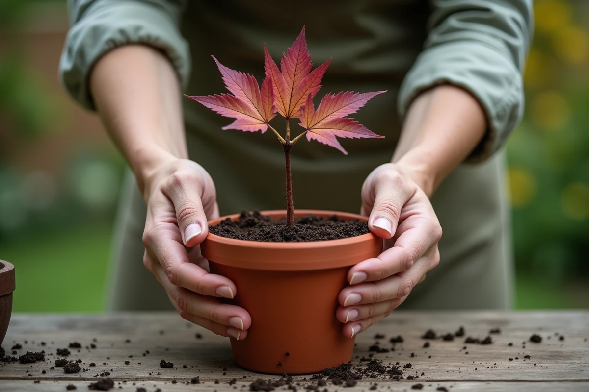 Mains tenant une bouture d'érable du Japon aux feuilles rougeâtres au-dessus d'un pot en terre cuite avec substrat de bouturage