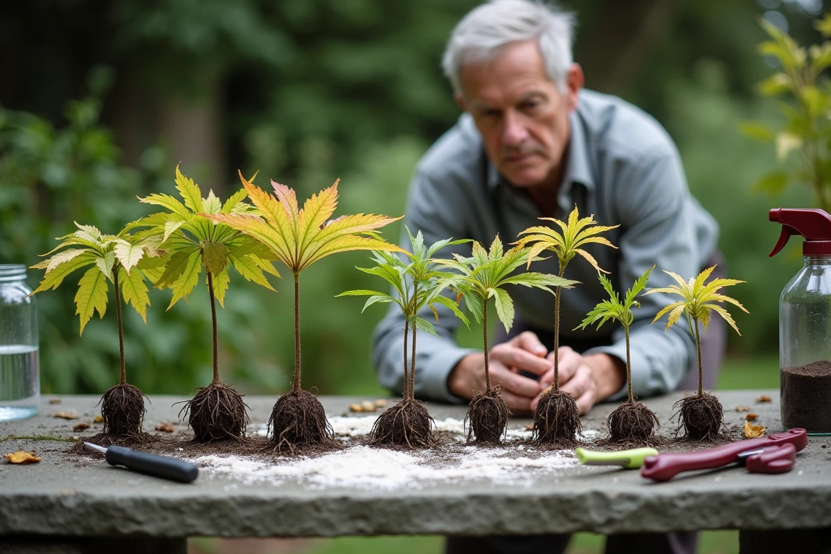 Boutures d'érable du Japon échouées sur table en pierre avec hormone de bouturage et couteau de taille