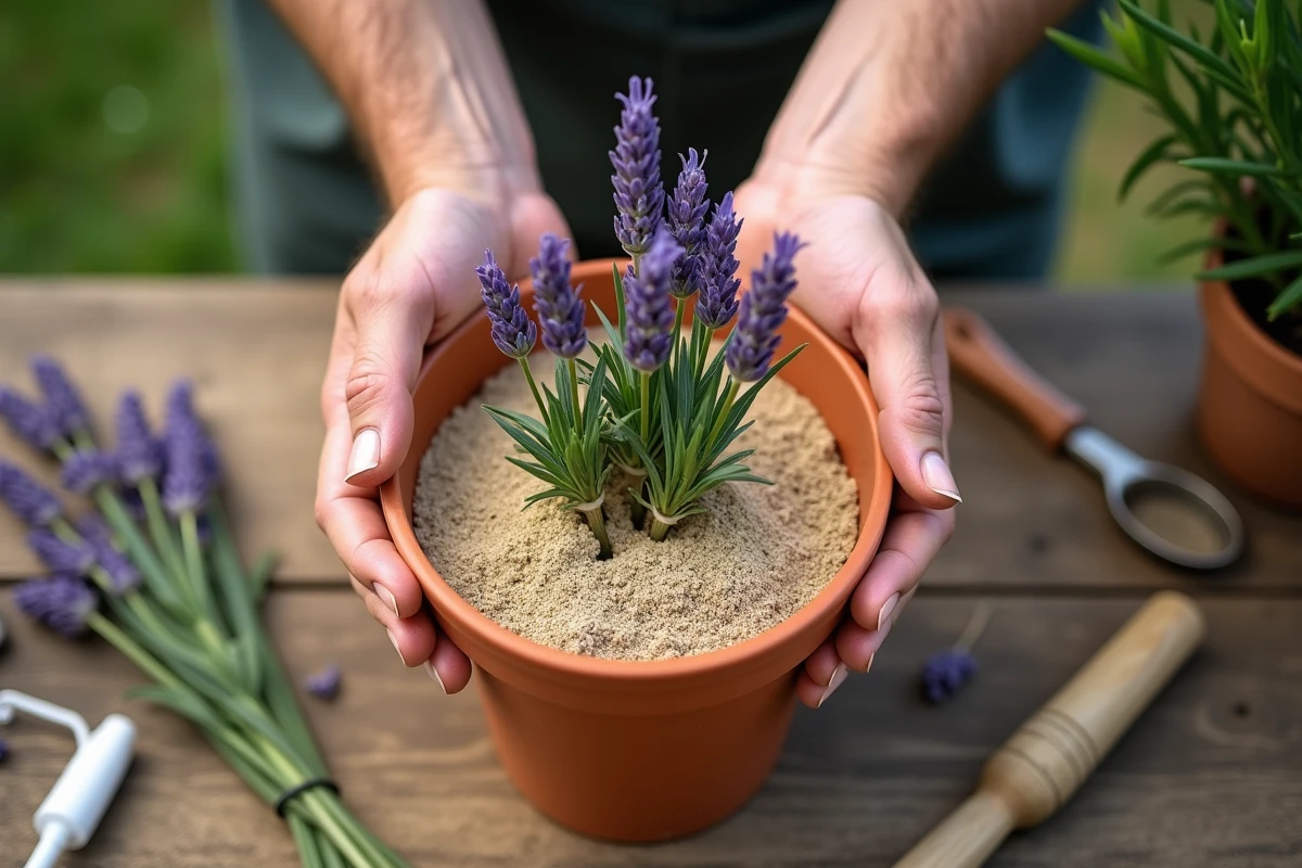 Mains tenant des boutures de lavande prêtes à être plantées dans un pot en terre cuite