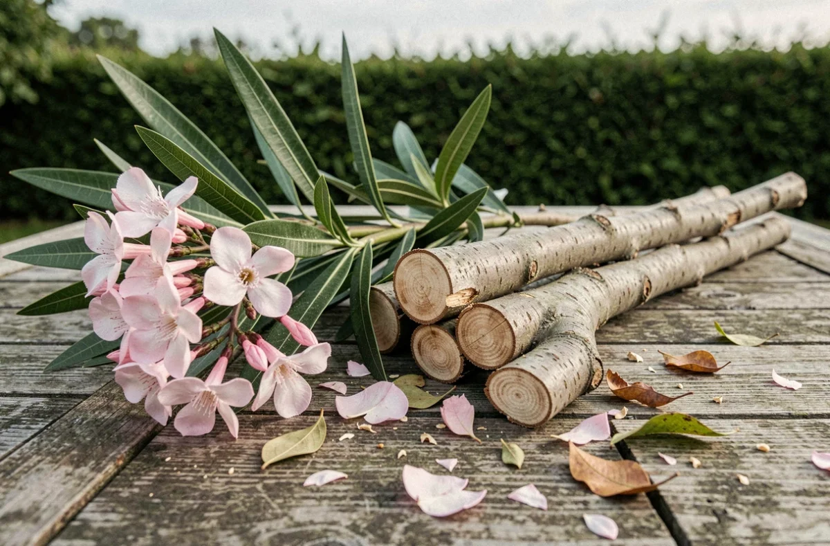Branches de laurier rose coupées avec des fleurs roses sur une table de jardin en bois