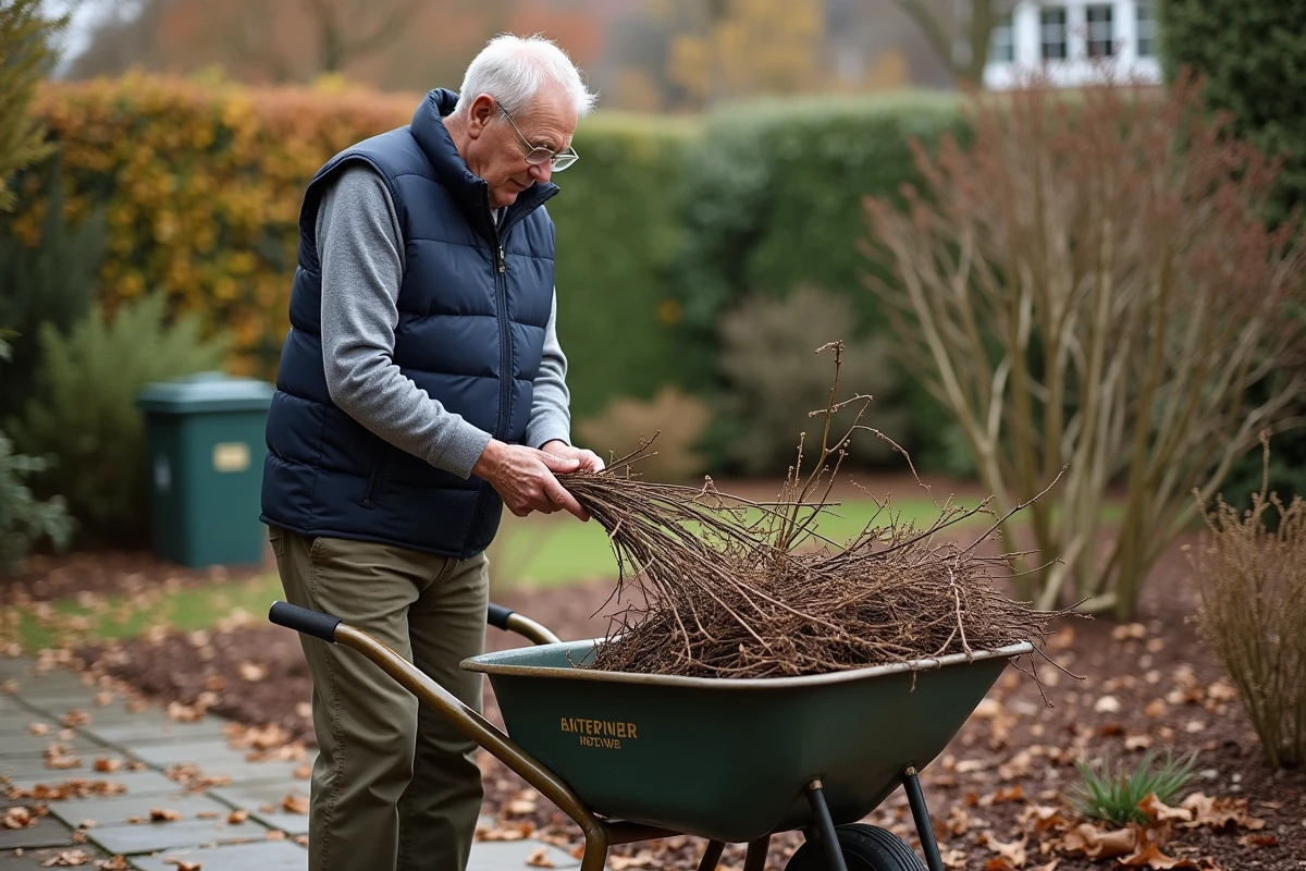 Jardinier triant des branches de rosier coupées dans une brouette, valorisation des déchets de taille au jardin en automne