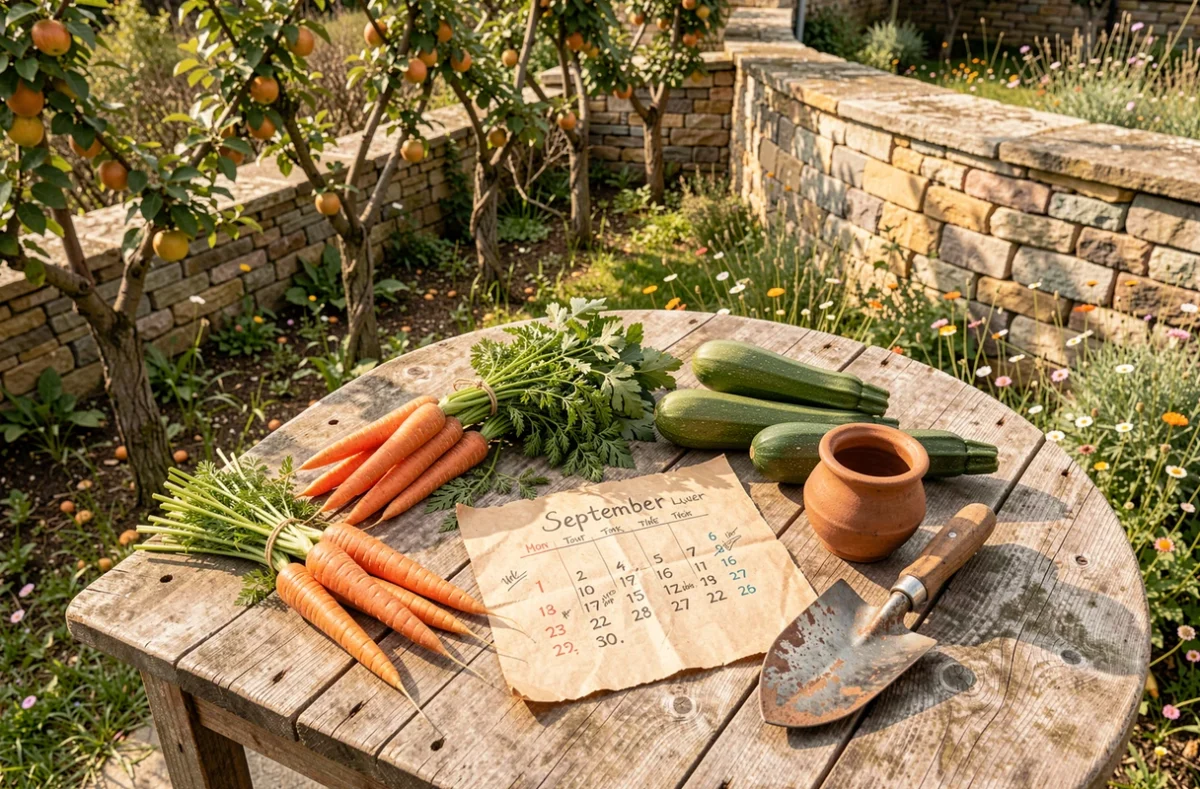 Calendrier lunaire de septembre posé sur une table de jardin avec des légumes récoltés au potager